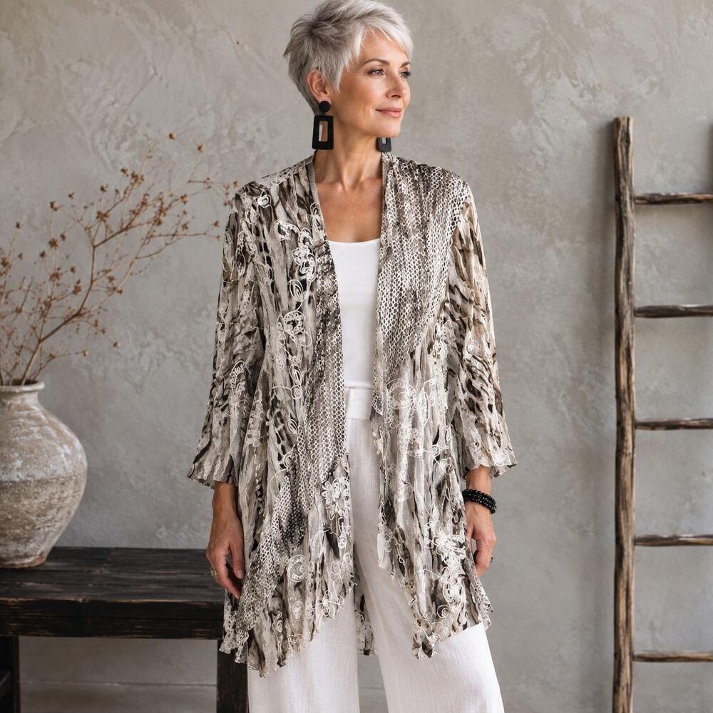 Chico's Travelers Off White Tan Tie Dye Floral Embroidered Kimono 2